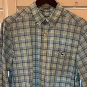 Vineyard Vines Aqua and Mint Checkered Shirt